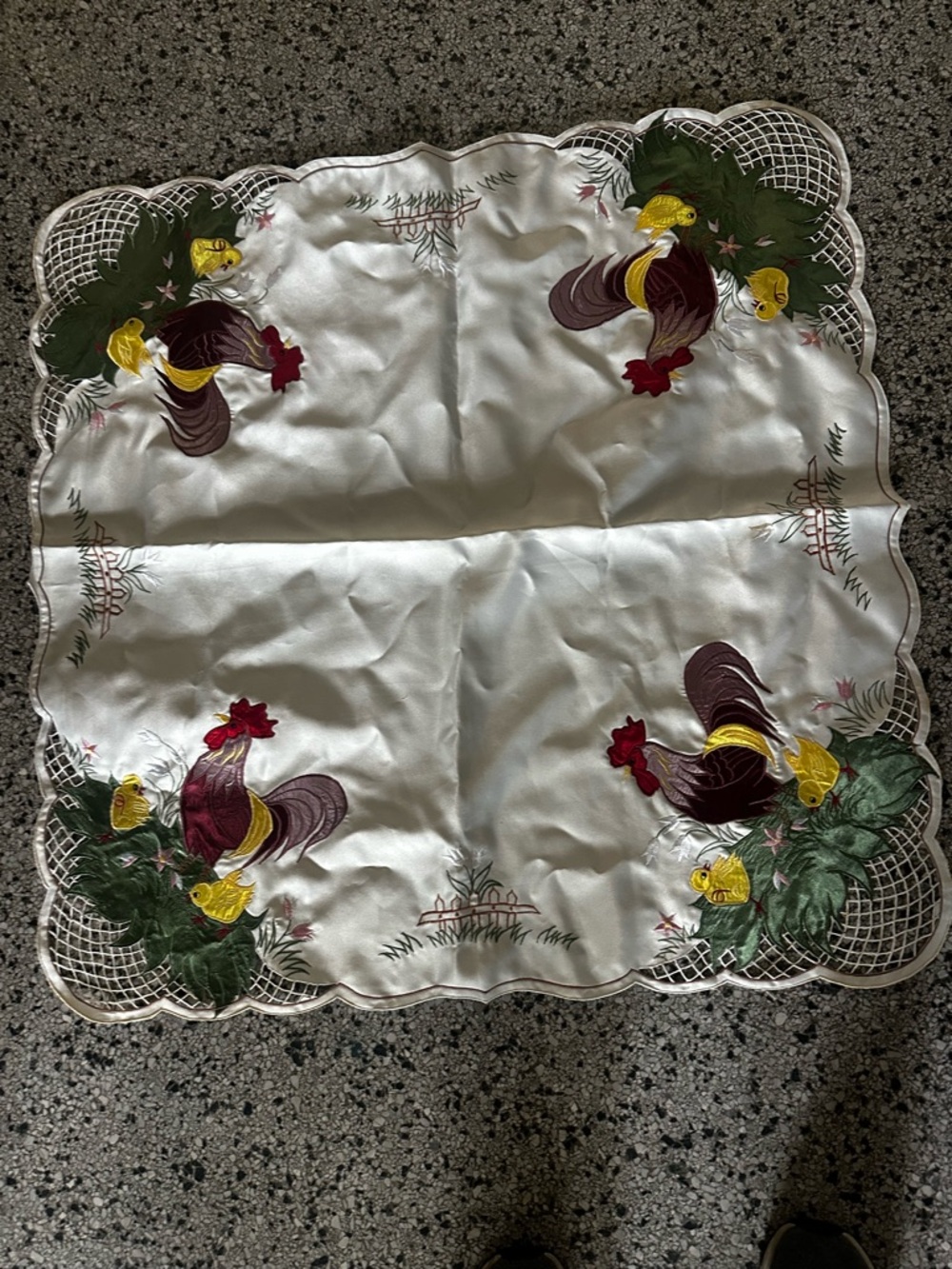 Embroidered Rooster Satin Table Cover - Cream and Multi-Color